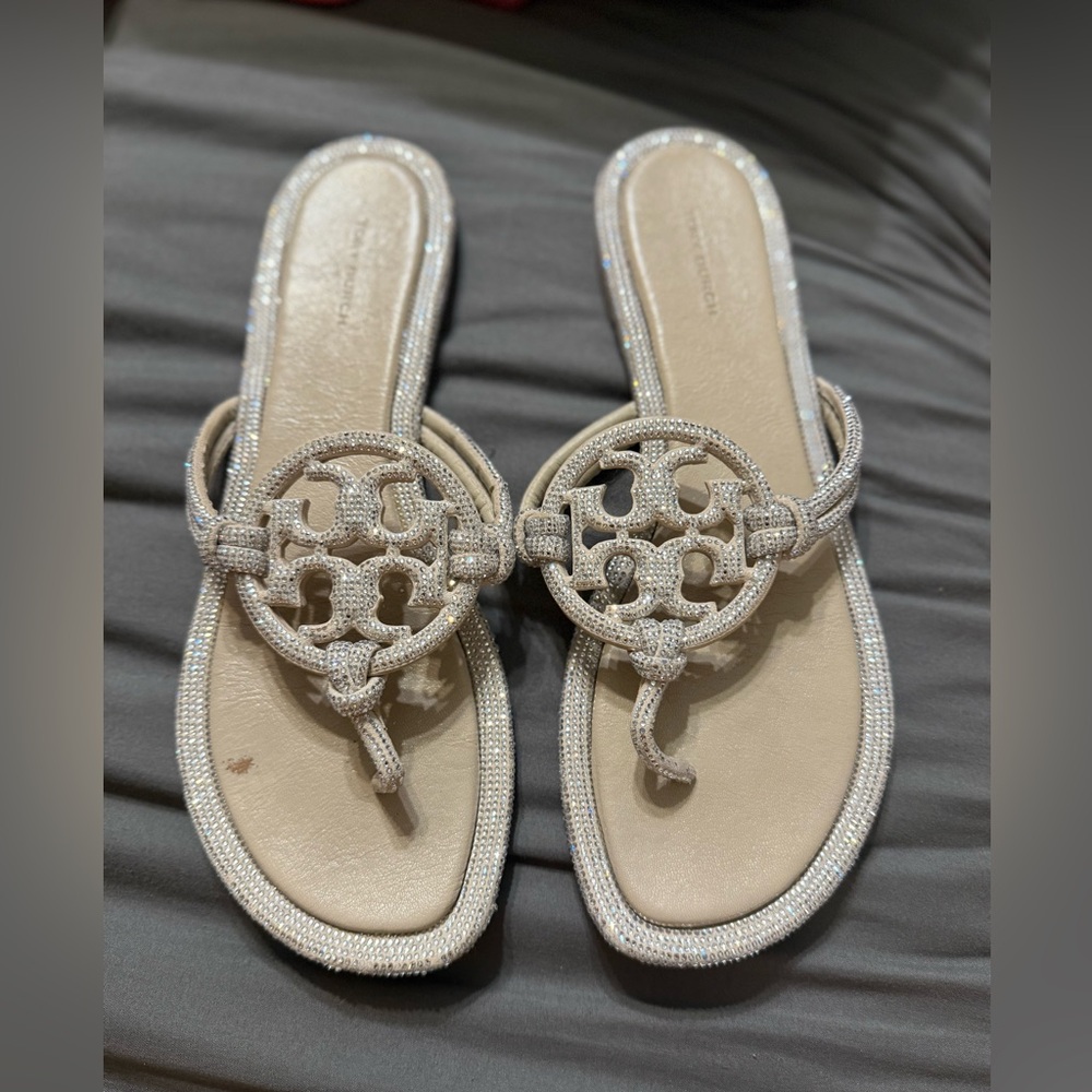 Tory Burch Miller Pave Knotted Women’s Leather Sandals Stone Gray size US 10M